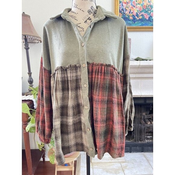 Berry n Cream Tops - Berry n Cream Women's Plaid Tunic Dress Size L Green Orange Plaid Collared